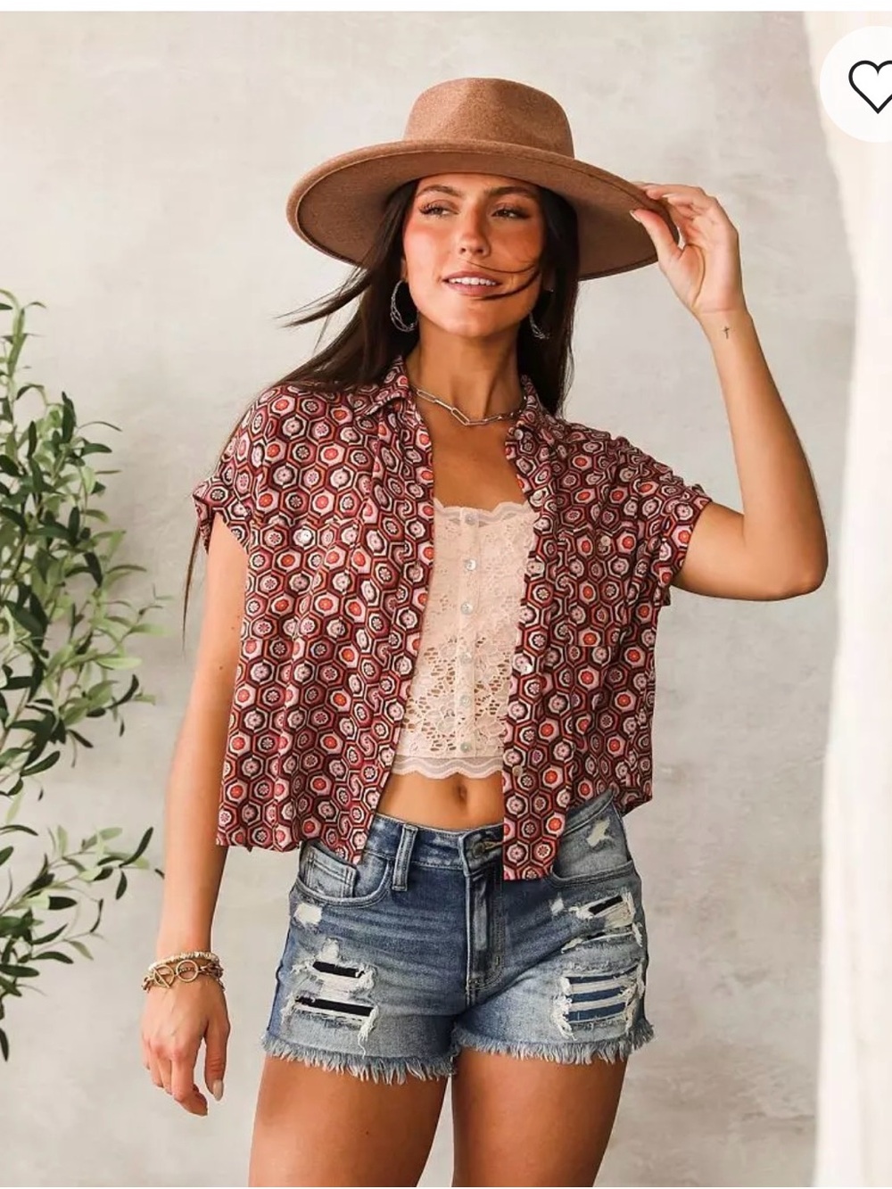 Button-Front Short Sleeve Shirt in Orange and Brown Hexagon Print